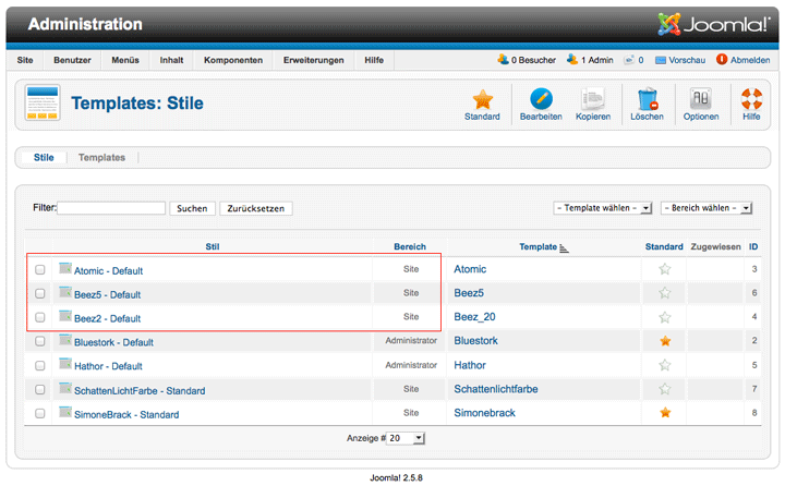 installierte Joomla 2 Templates